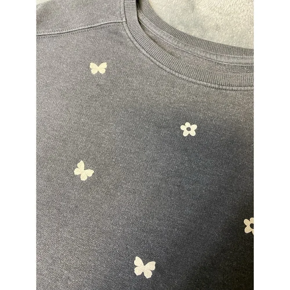 Cat & Jack Faded Gray Butterfly & Flower Sweatshirt Girls Size L 10-12